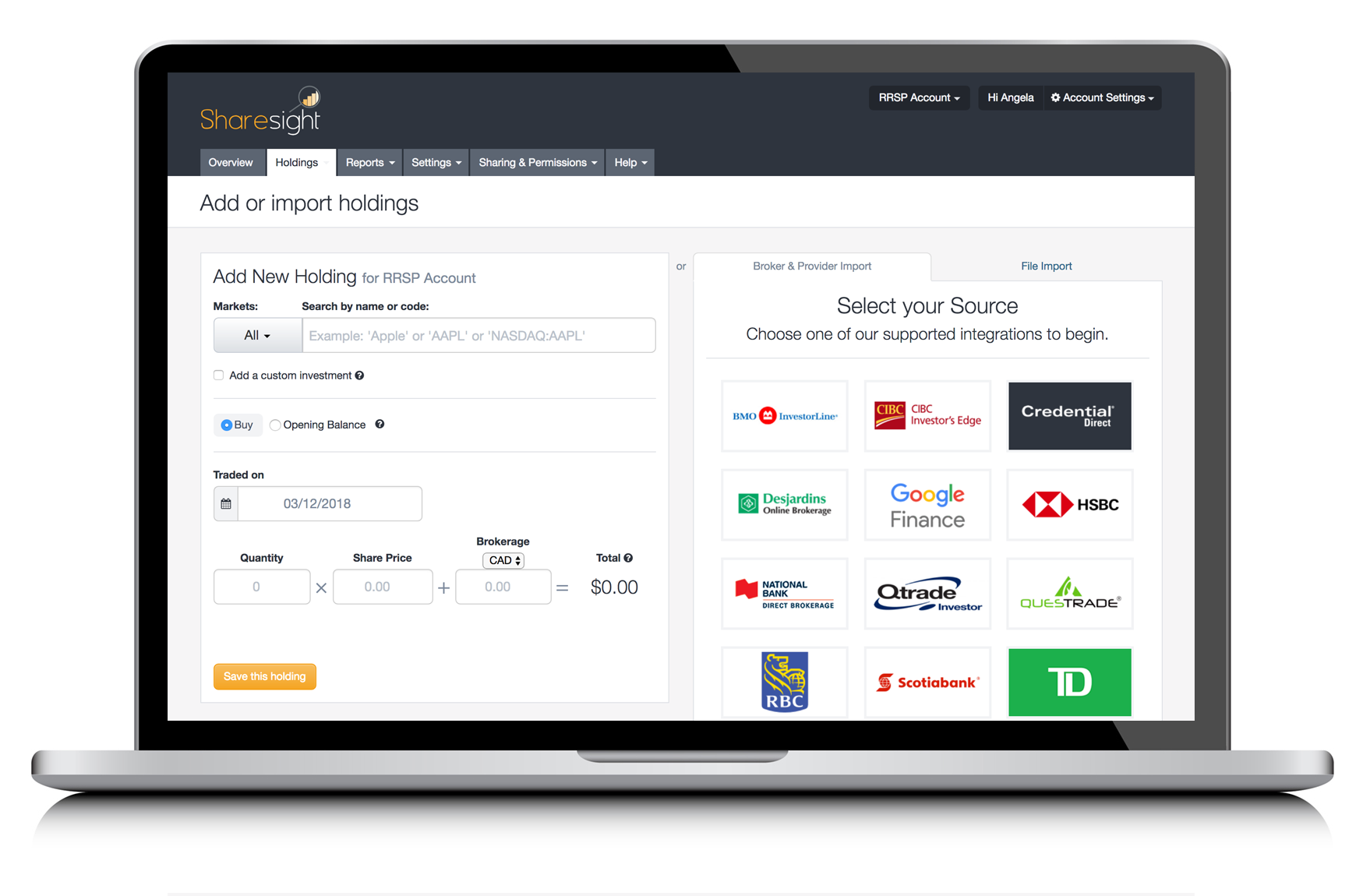 laptop - Sharesight - Add holdings : Canada