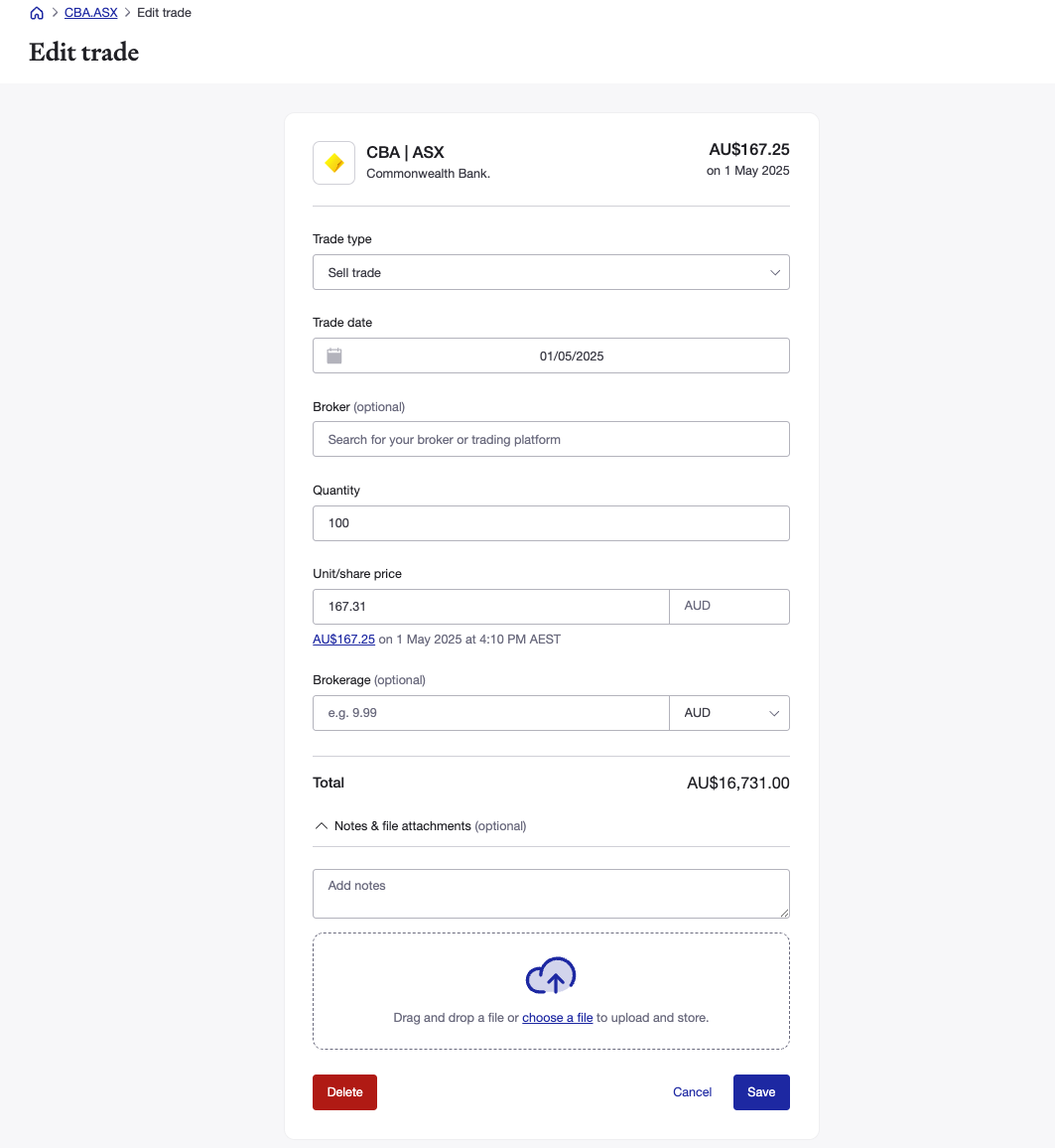 Sharesight edit trade