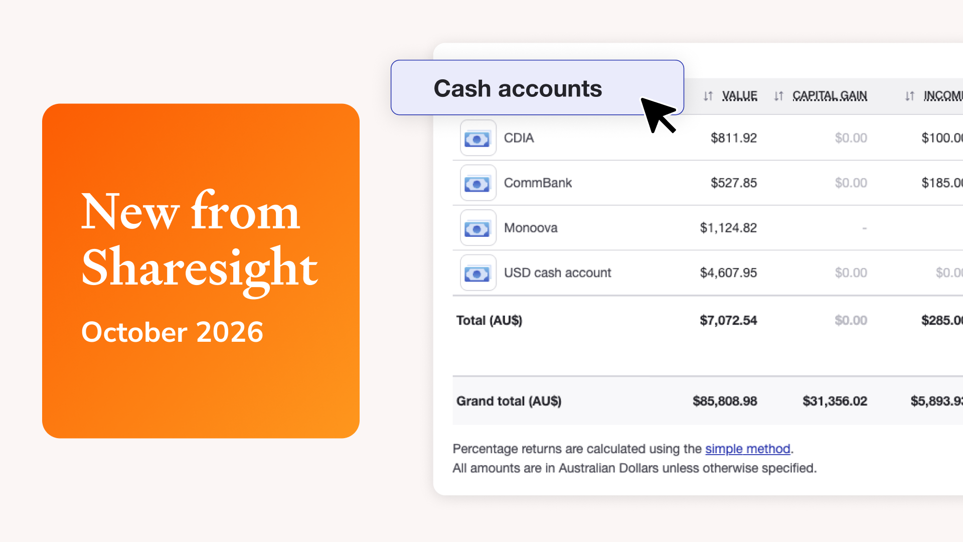 Calculate performance on cash accounts with Sharesight