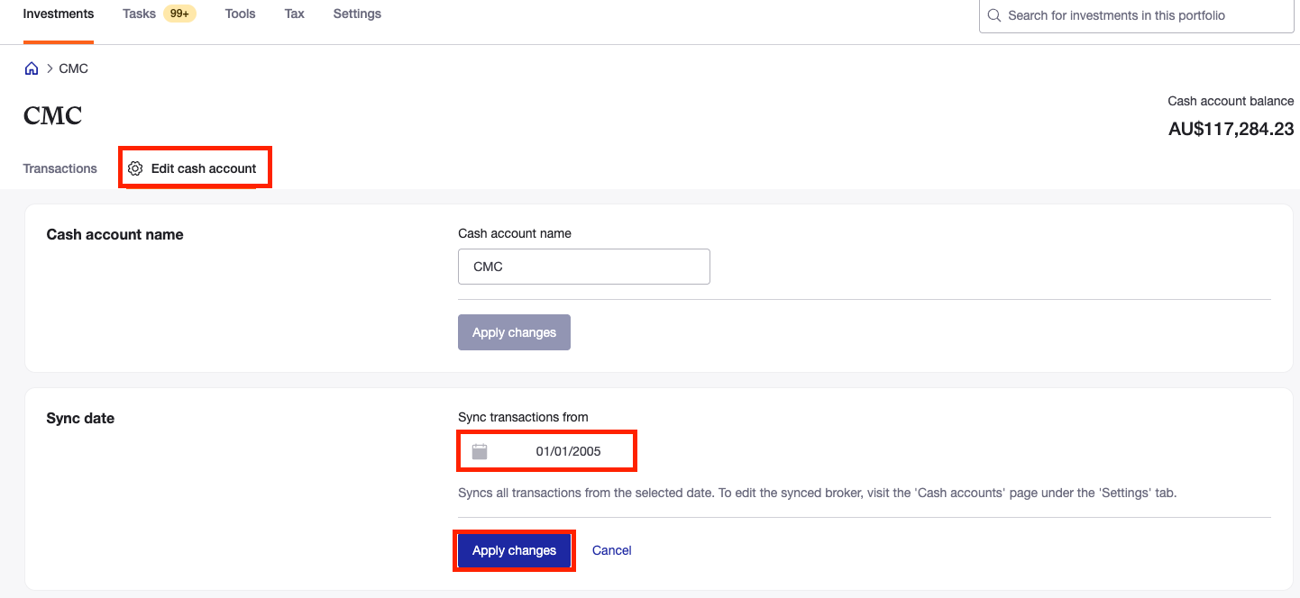 Sync date - edit cash account