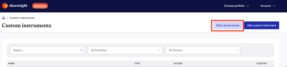 Click Bulk upload prices on the Custom instruments page