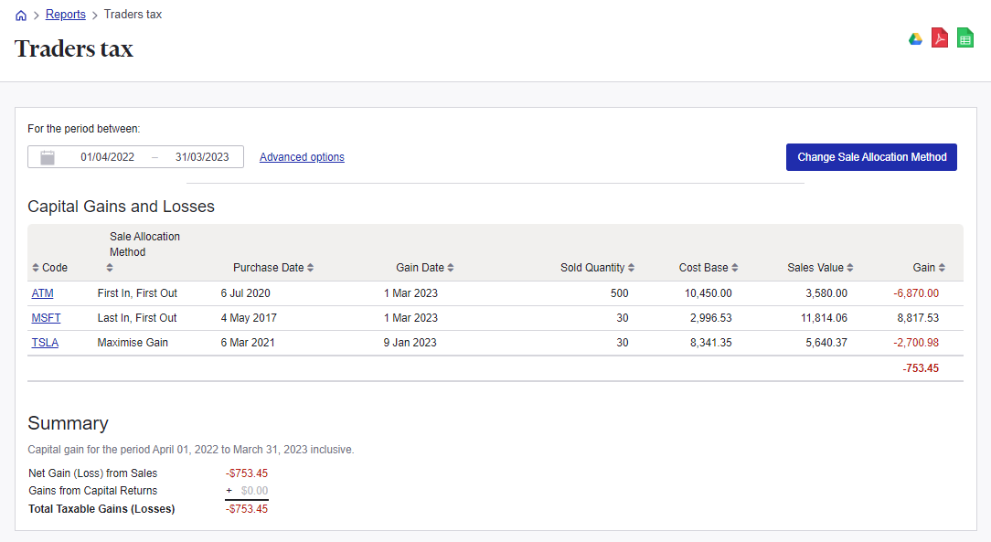 Traders tax report Sharesight