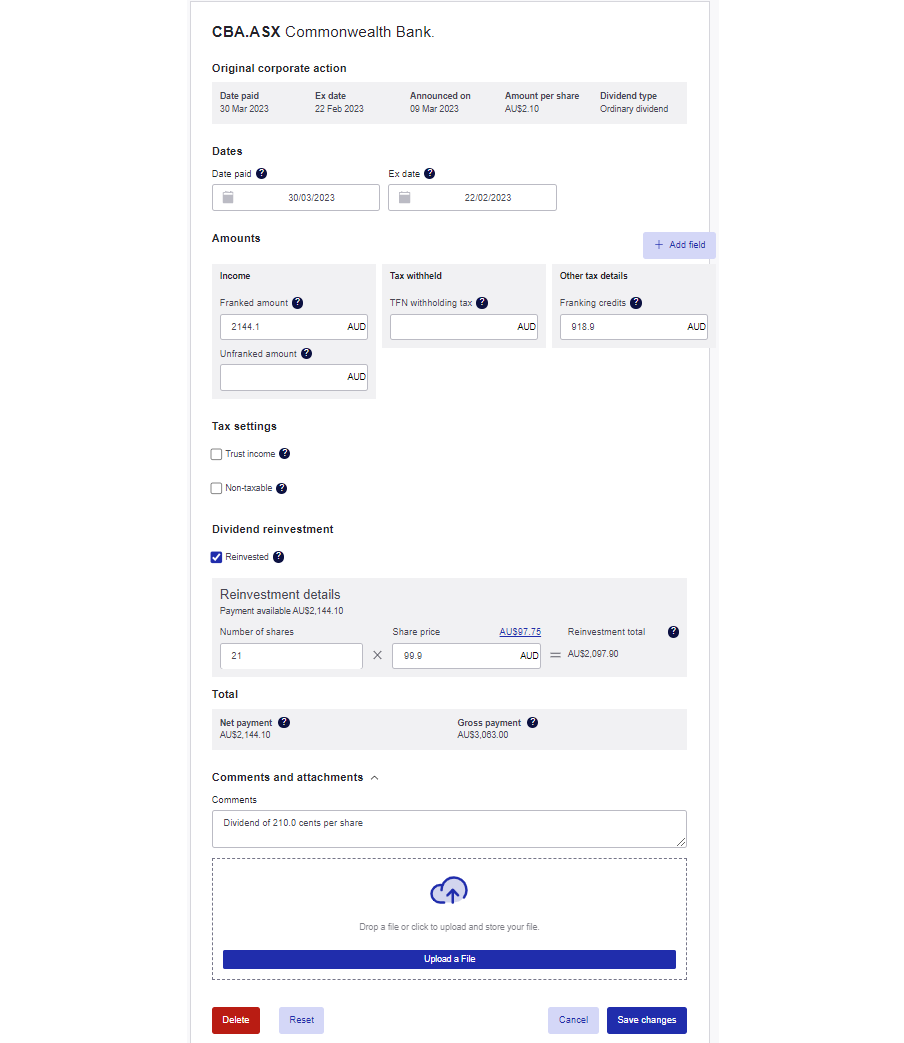 Sharesight attach dividend statements