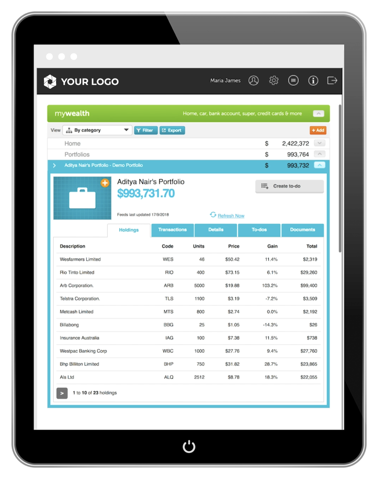 screenshot: myprosperity + Sharesight integration