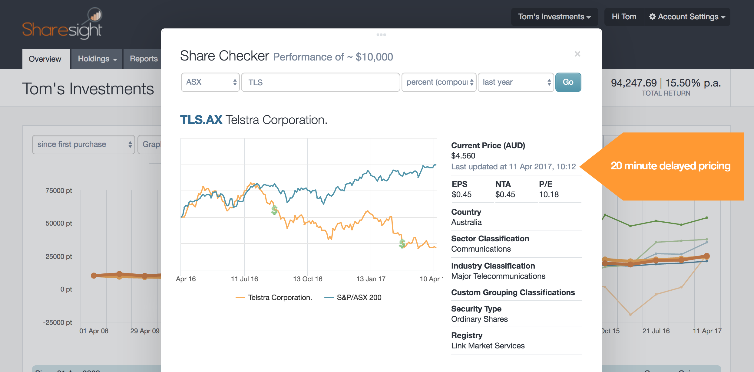 screenshot - 20 minute delayed pricing ASX