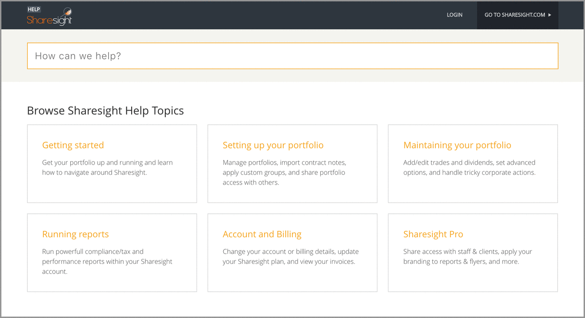 sharesight help website - search