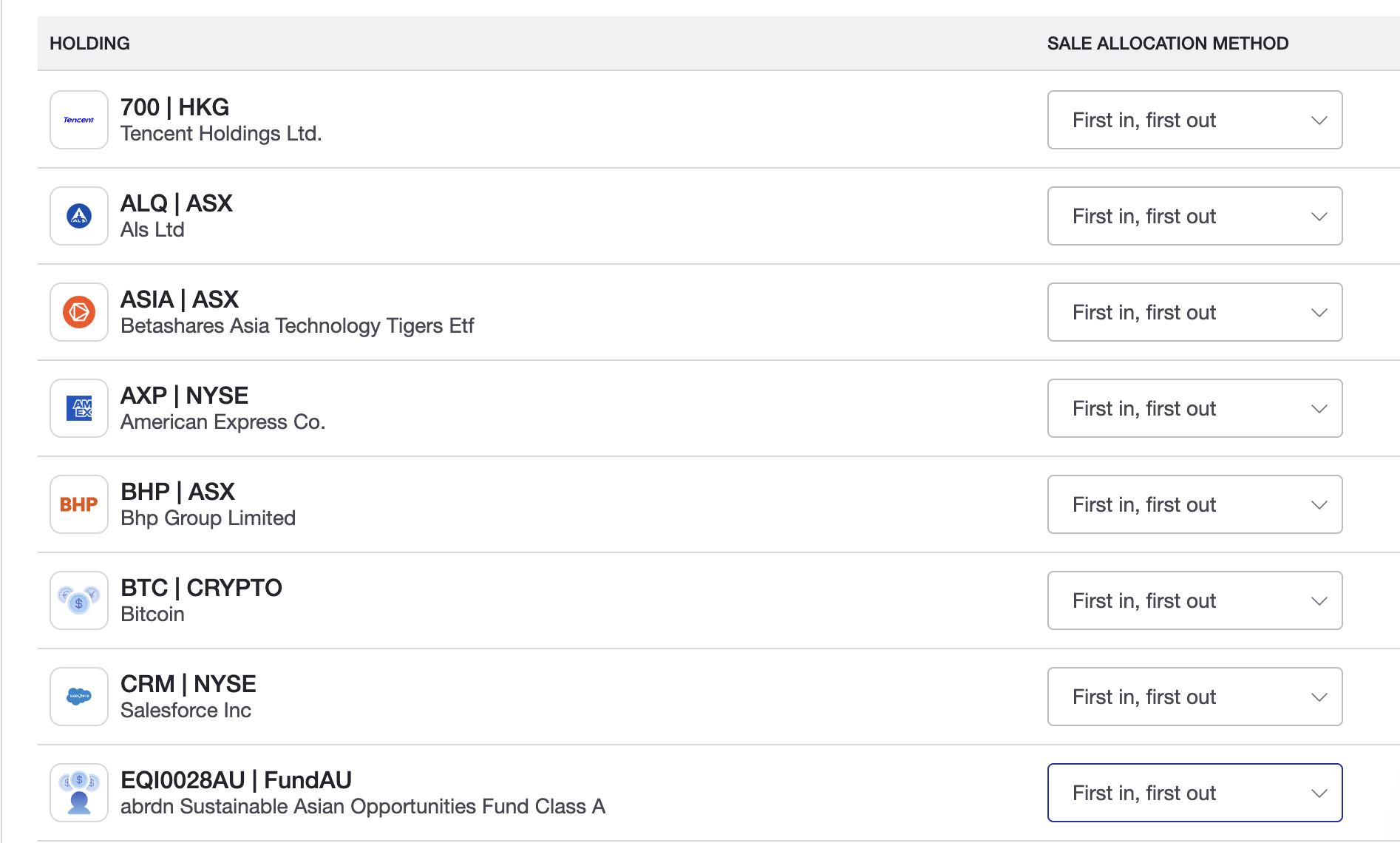 Sale allocation method screen
