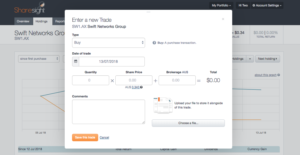 Sharesight Trade Form