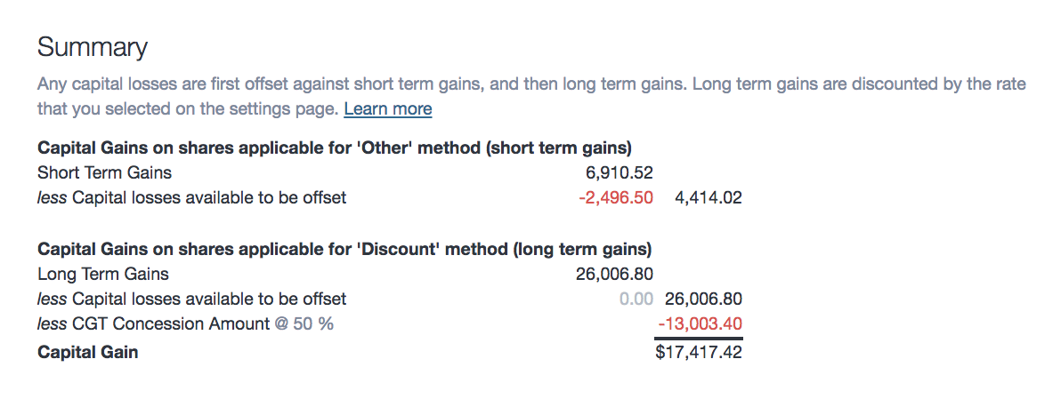 screenshot - cgt report - summary
