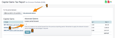Canadian CGT Losses Carried forward screenshot