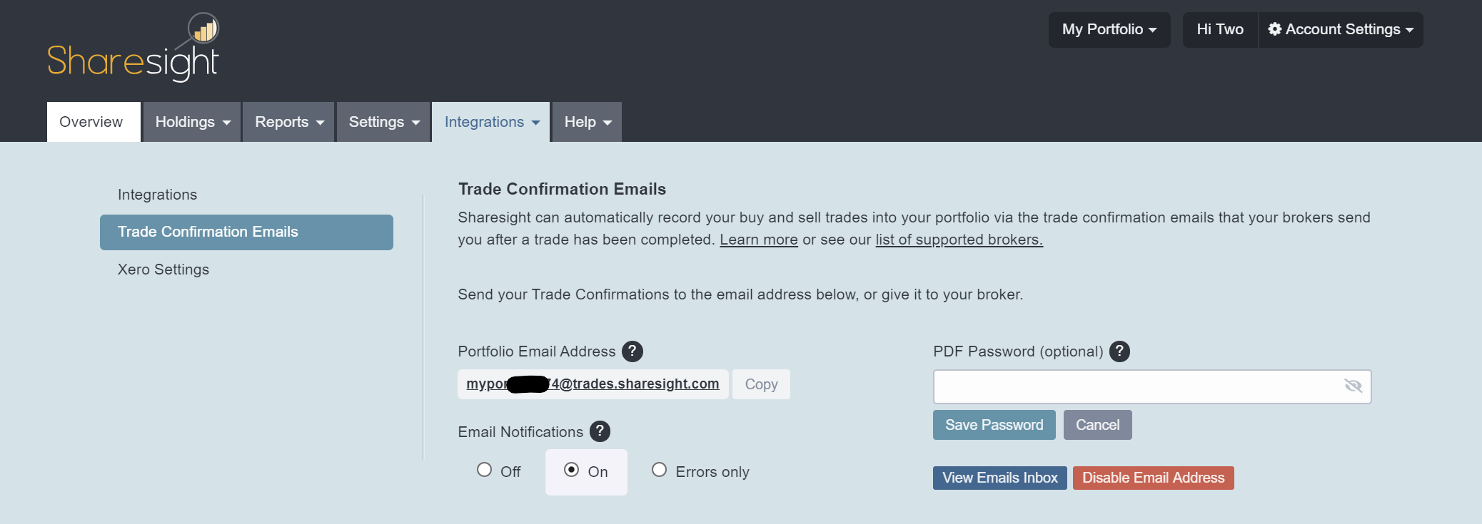 Trade confirmation emails