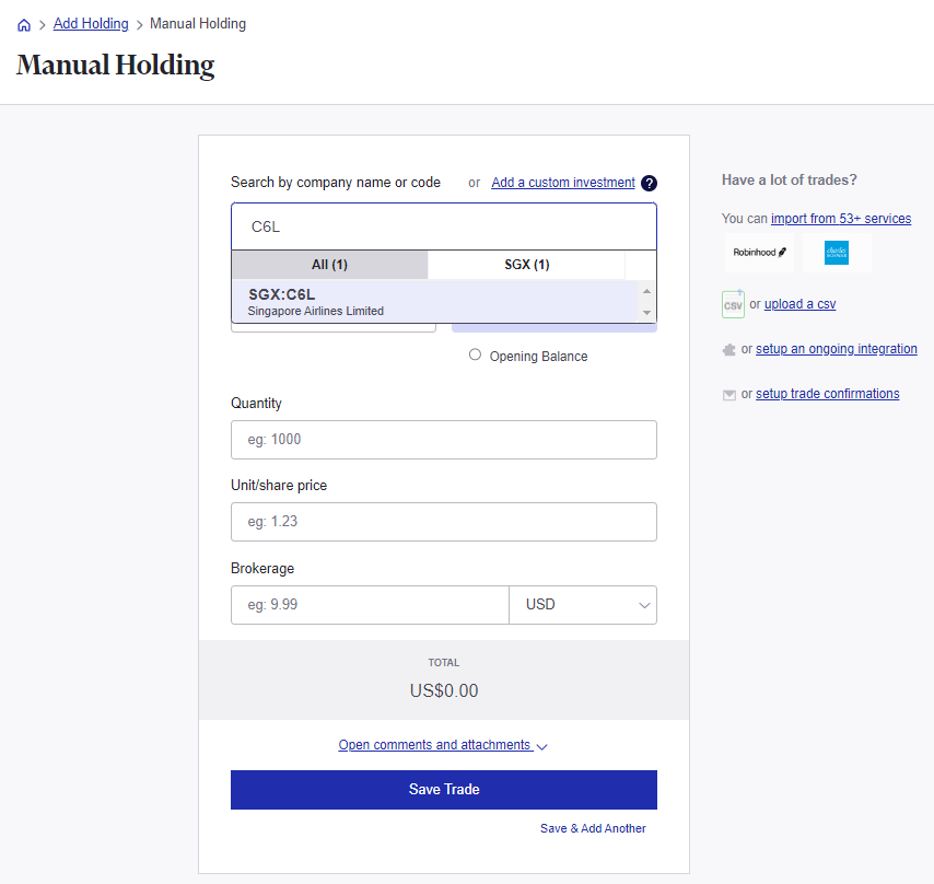 Track SGX stocks in Sharesight