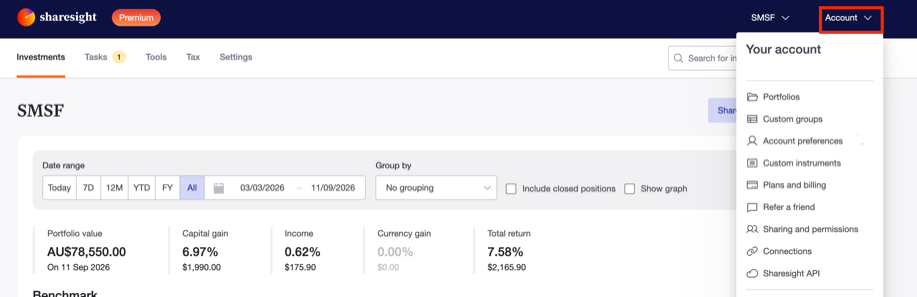 Account menu - custom groups