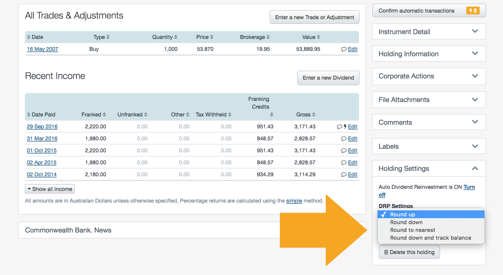 DRP residual balances - Sharesight