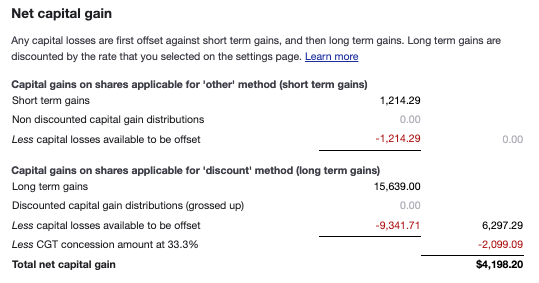 Net capital gain in Sharesight's Australian CGT report