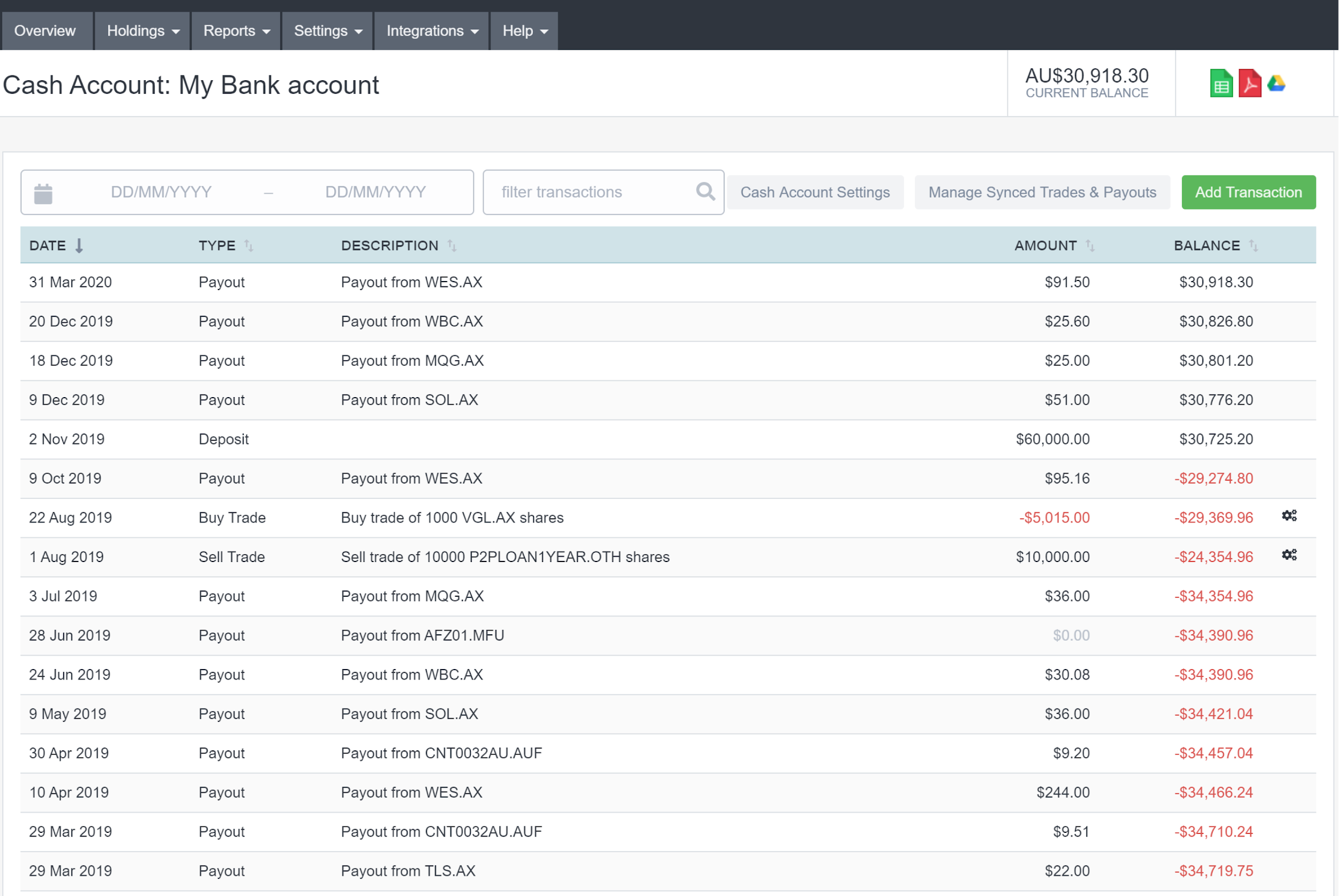 Cash Account transaction history