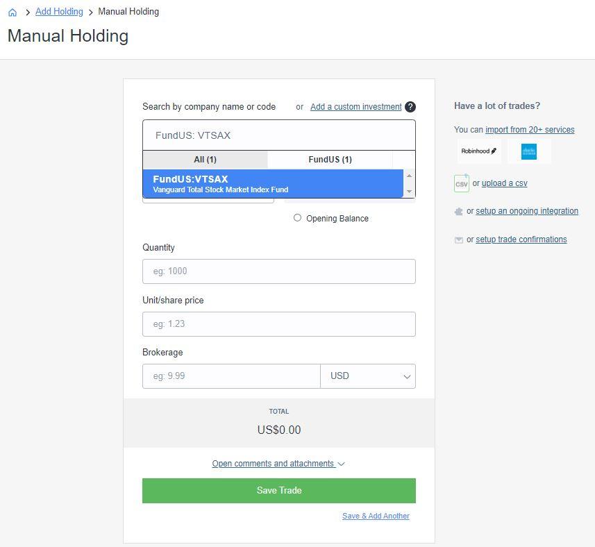 Sharesight Add holding US mutual fund