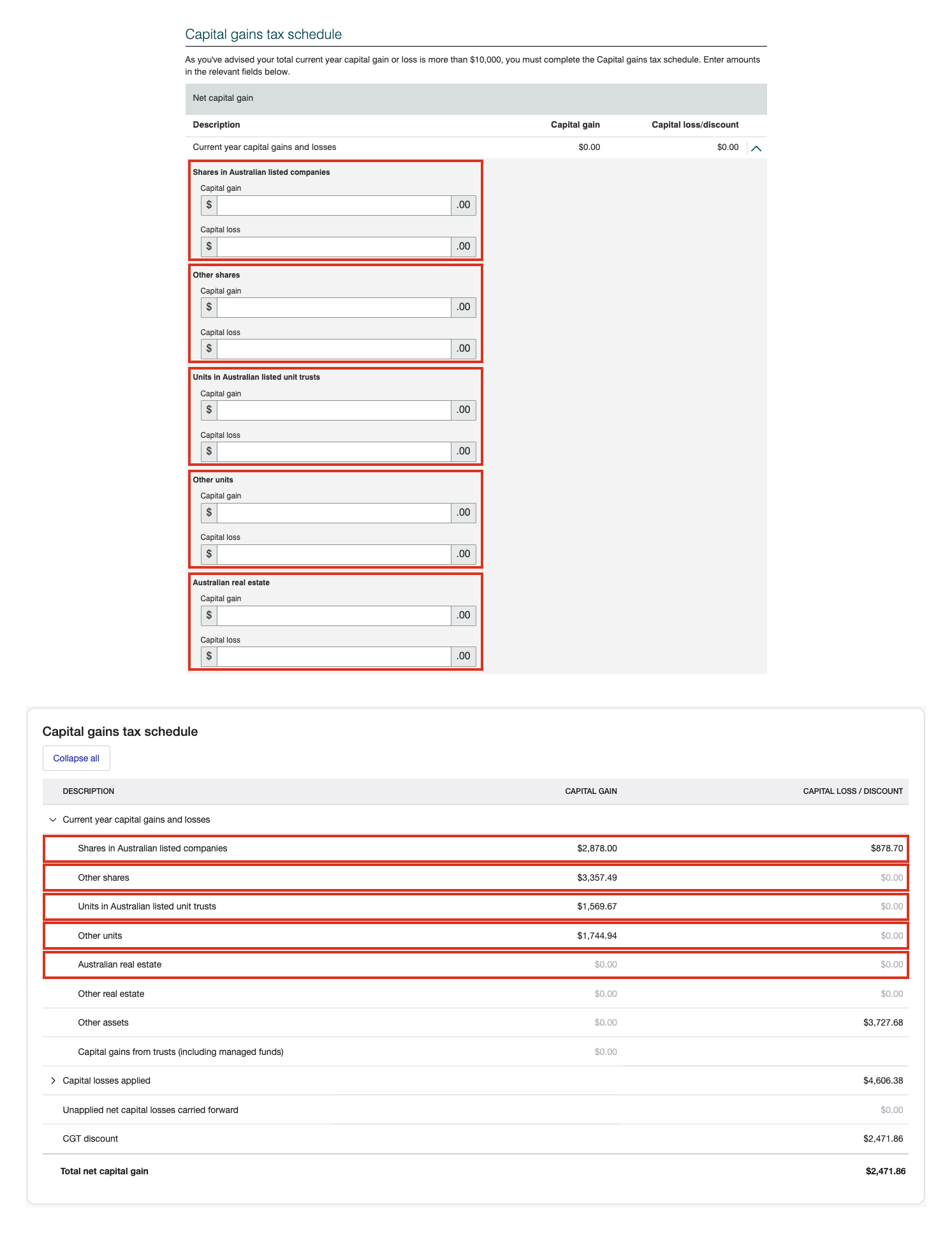 mytax vs cgt schedule reconciliation