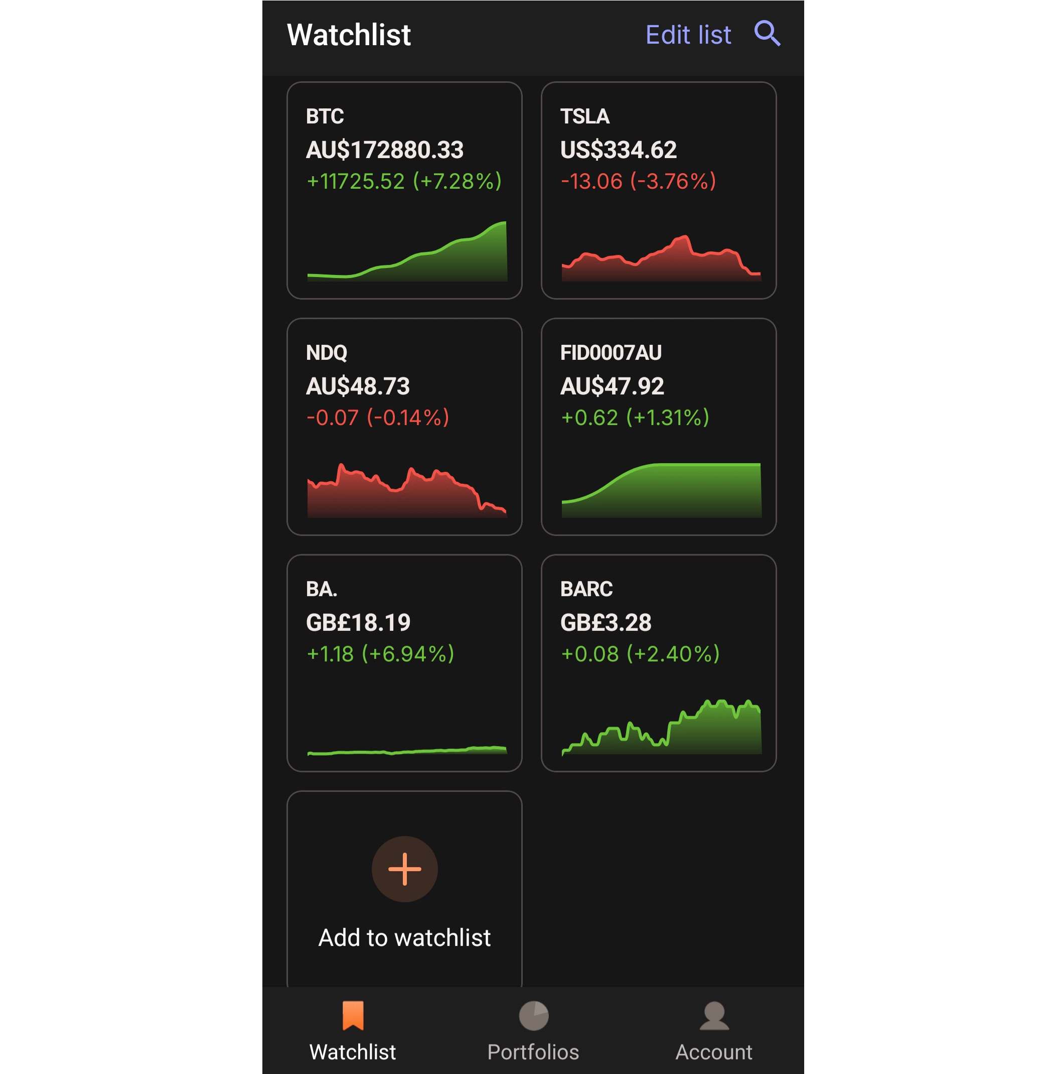 Sharesight app watchlist dark mode 1