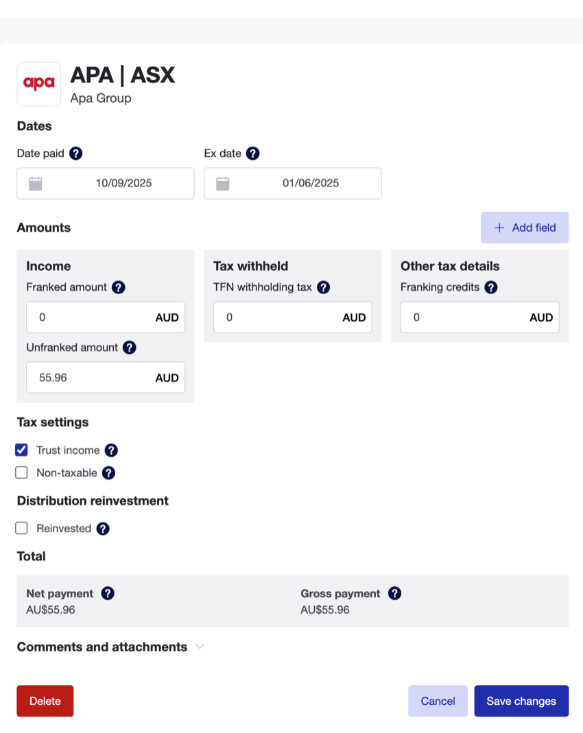 APA Investment Trust dividend entry - earlier tax year