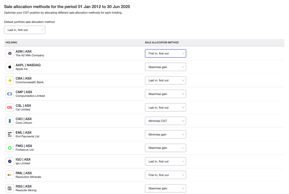 Change sale allocation methods CGT report