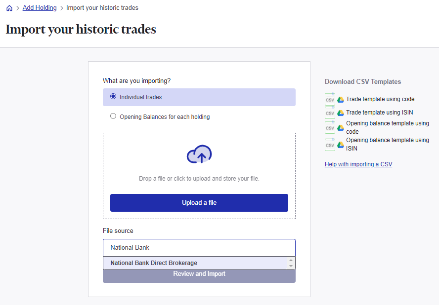 Import National Bank Direct Brokerage trading data to Sharesight