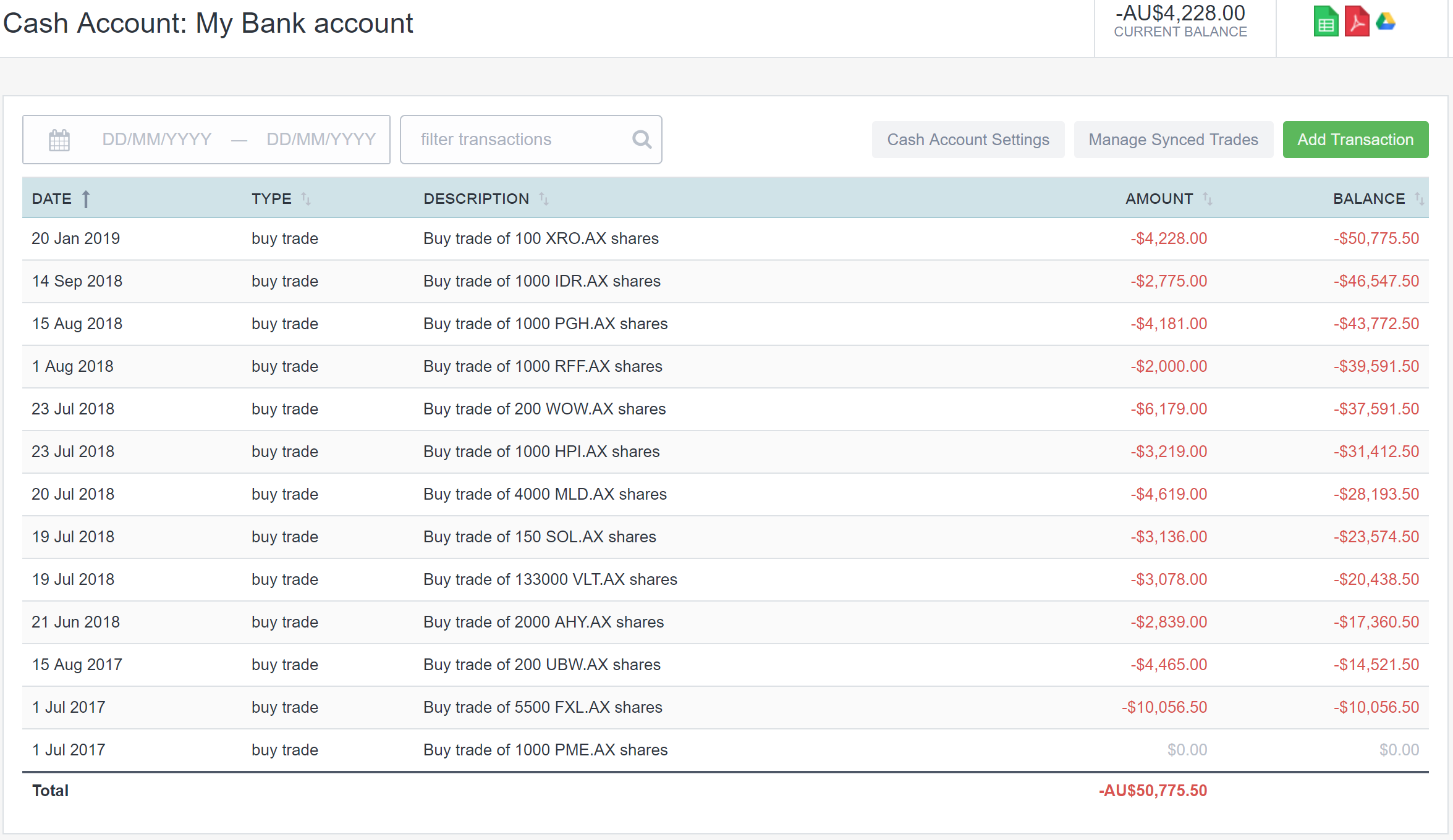 Cash account transaction history