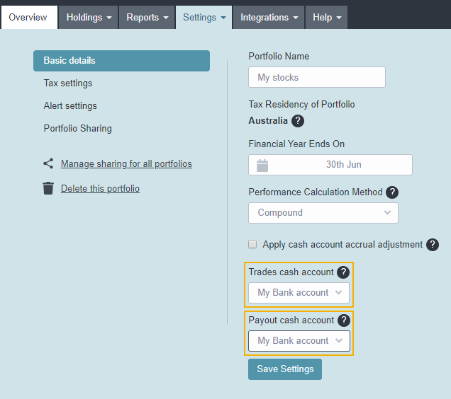 Sync cash account sharesight