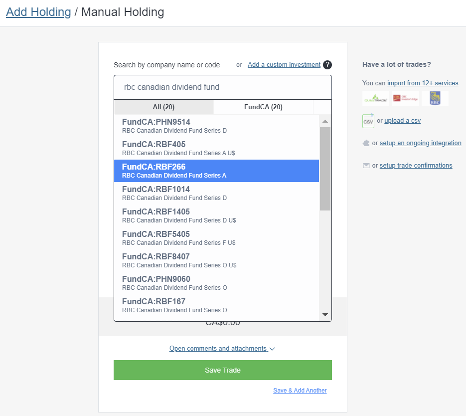 Canadian mutual funds add trade