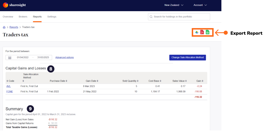 Traders Tax report 8 & 9