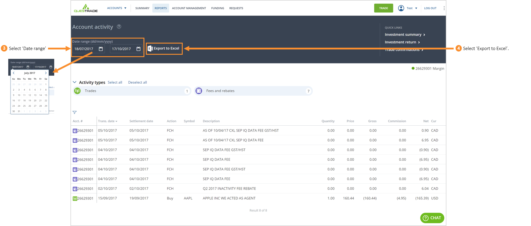 3 & 4 select date range & select export to Excel