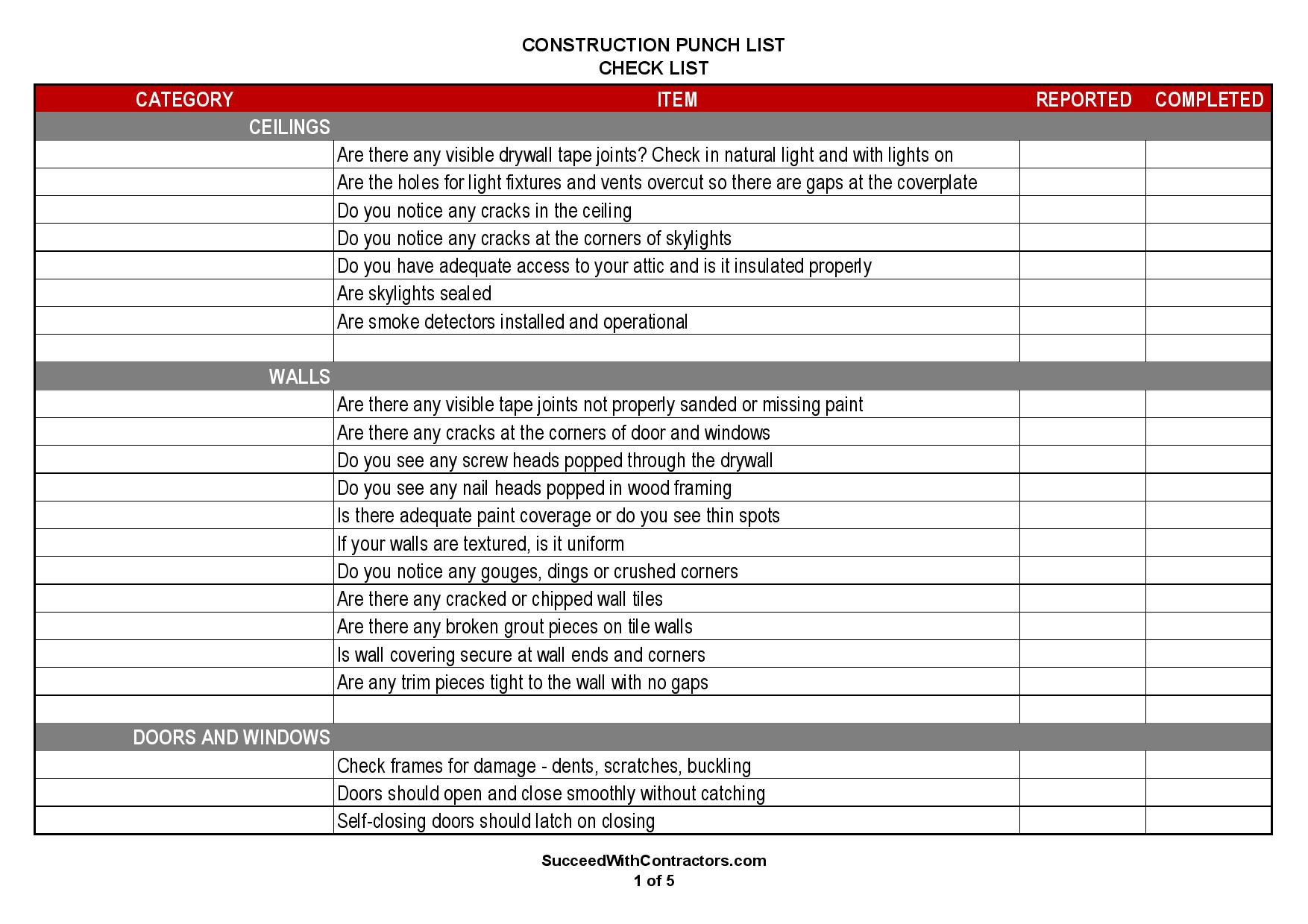 An example of a construction punch list 