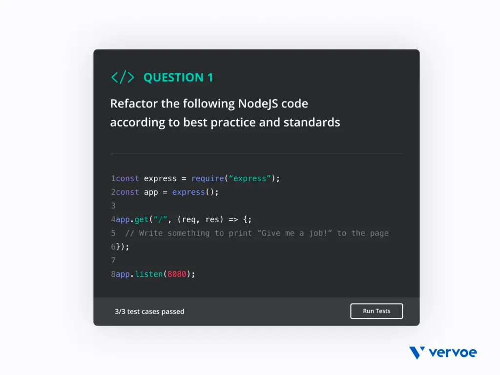 From first to last: A template for creating a skills assessment, a library of pre-made assessments, and a sample question designed to judge an applicant’s coding ability, all from Vervoe.