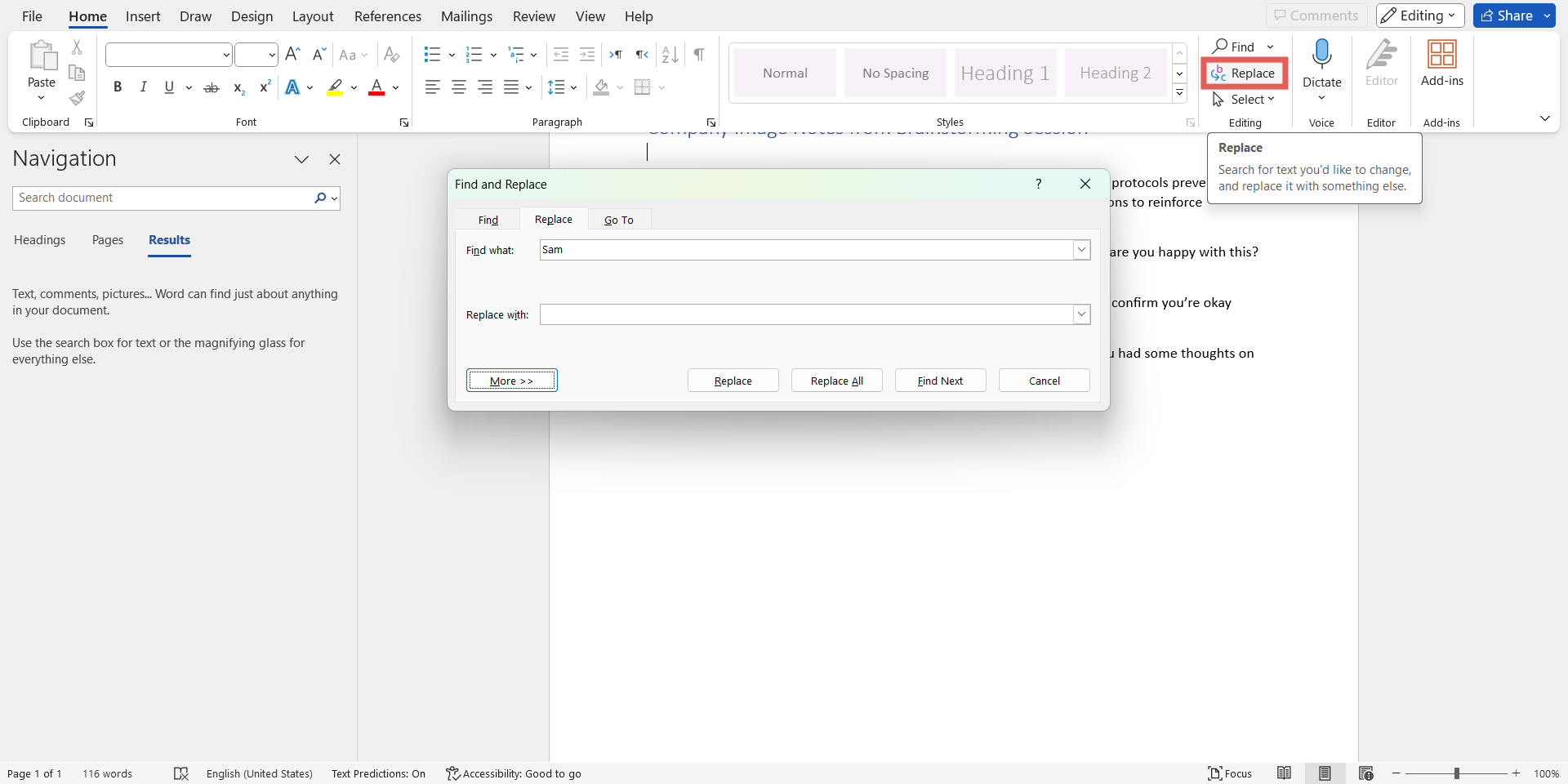Screenshot of the Find and Replace window in Word