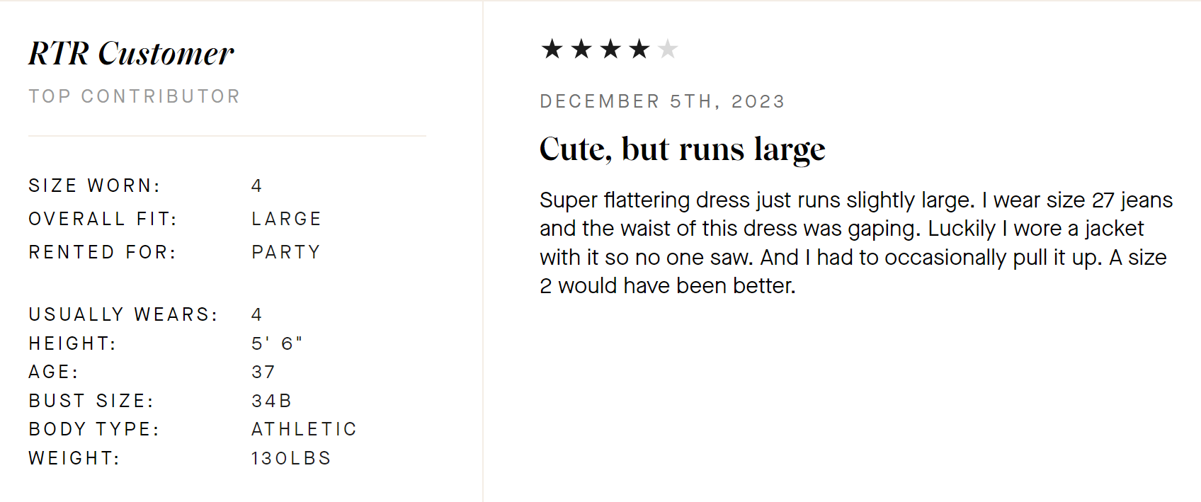 Screenshot of an example of a customer review for a dress that provides metrics about fit, use case, and reviewer's measurements. 