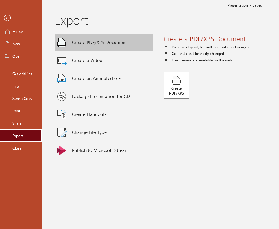 Select the File tab and then click Export from the list of options on the left in Ms PowerPoint