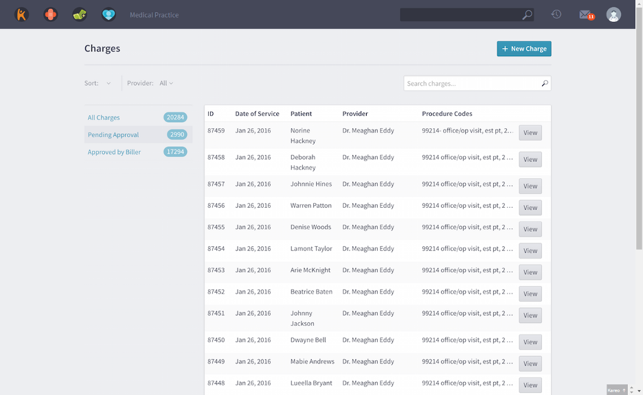 Kareo Billing’s list of charges view