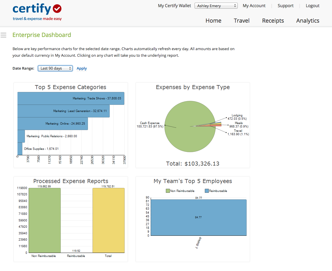 Screenshot of the dashboard view of expense analytics software