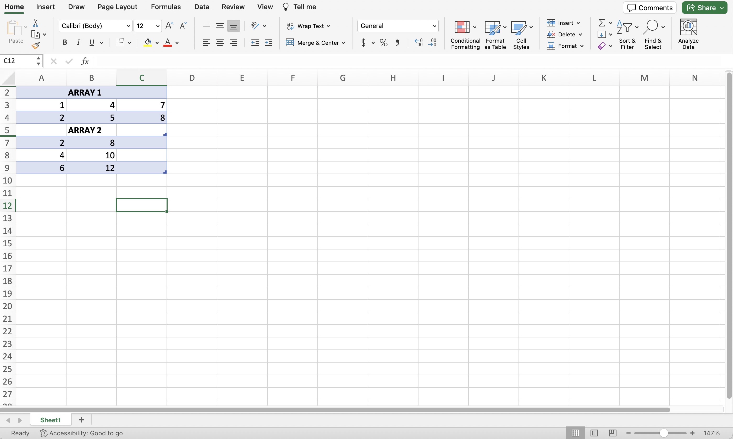 Screenshot of a sheet in Excel showing two arrays