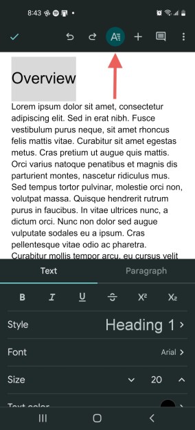 Screenshot of the text format menu on mobile version of Google Docs