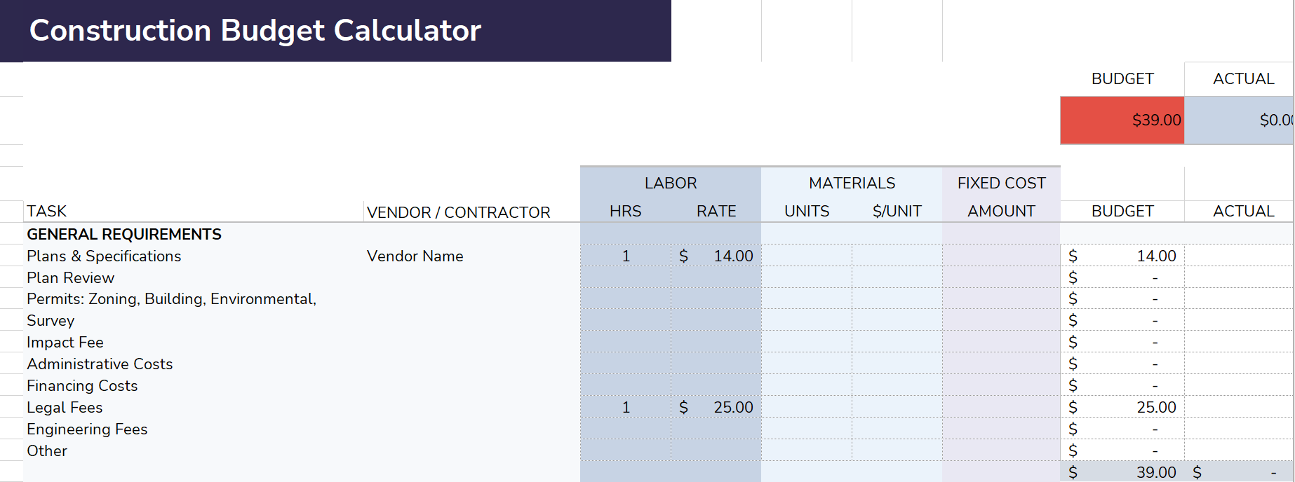 A screenshot of our free construction budget template