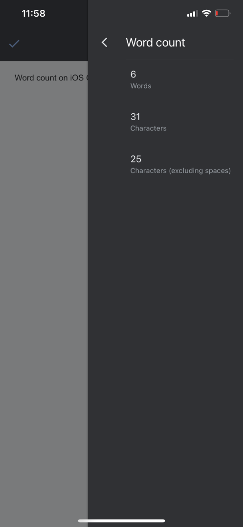 Screenshot of the word count menu in Google Docs on mobile