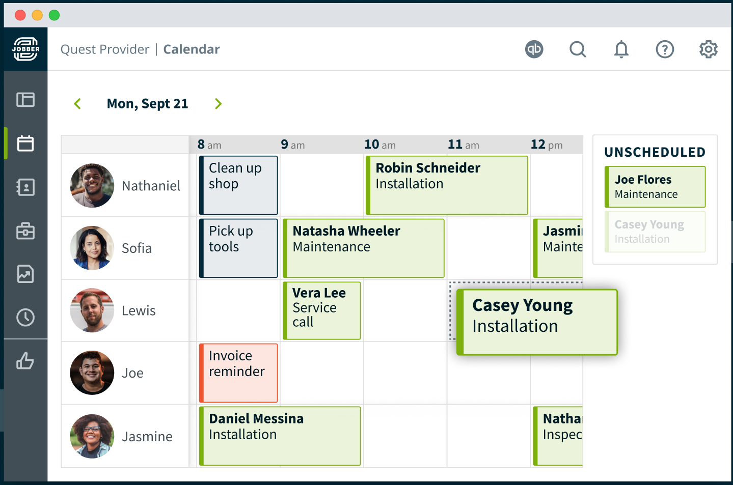Screenshot of scheduling, assigning tasks, and setting reminders in Jobber