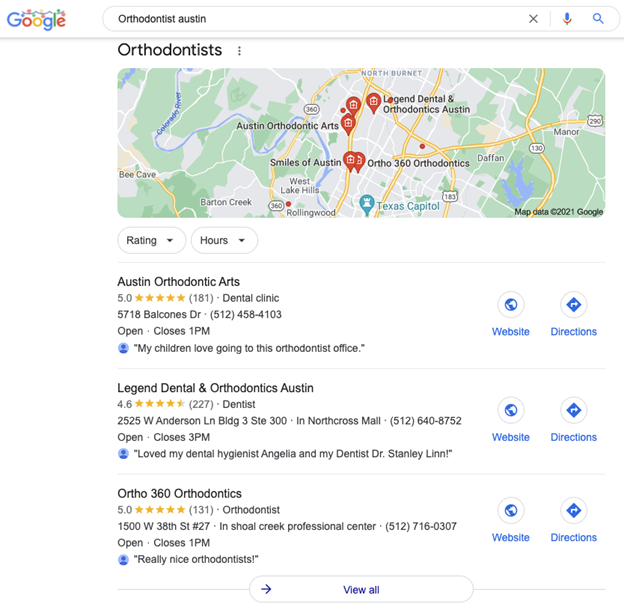 Screenshot of a search page for local orthodontists