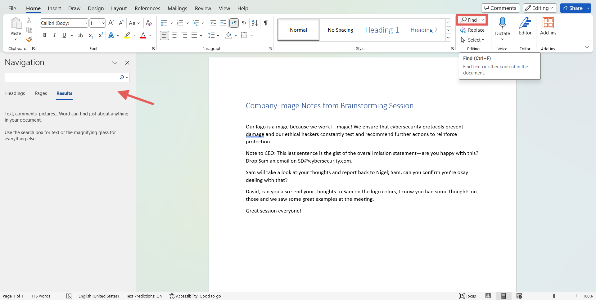 Screenshot of the Find button and navigation panel in Word