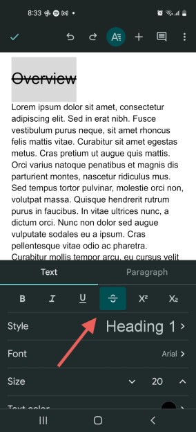 Screenshot of text format menu and strikethrough button on mobile version of Google Docs