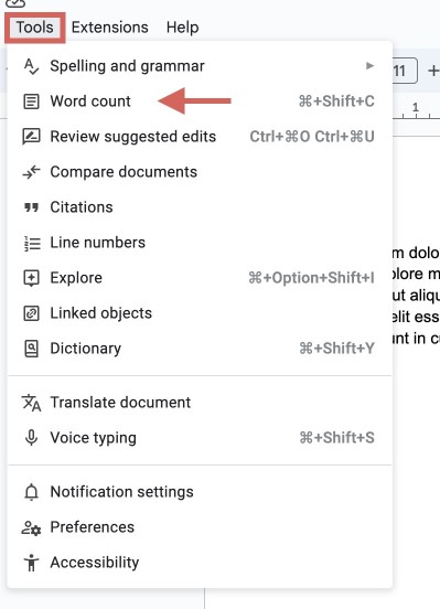 To check word count in Google Docs using the menu bar, click on the Tools menu. Then select Word Count.