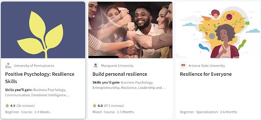 A variety of resilience training courses on Coursera