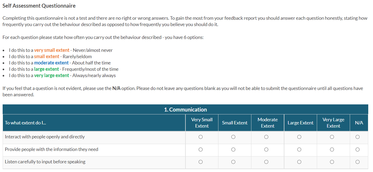 An example of a self assessment in Lumus, a 360-degree feedback platform