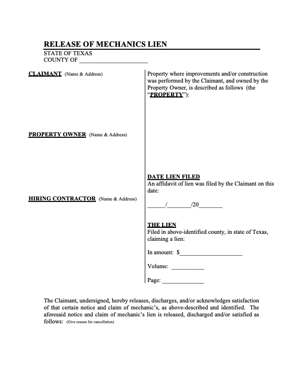 An example of a release of mechanics lien through the State of Texas 